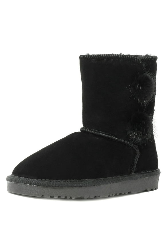 NEW Kids/Girls Classic Mid Snow Boots Winter Flat Shoes Faux Fur SHORTY-POMPOM BLACK Size 10