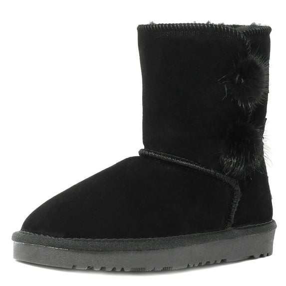 DREAM PAIRS NEW Kids/Girls Classic Mid Snow Boots Winter Flat Shoes Faux Fur SHORTY-POMPOM BLACK Size 13
