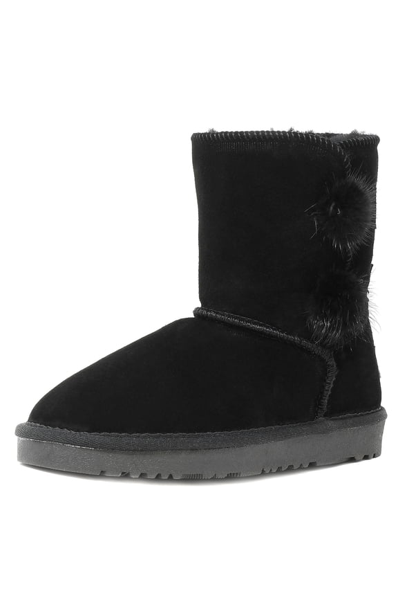 NEW Kids/Girls Classic Mid Snow Boots Winter Flat Shoes Faux Fur SHORTY-POMPOM BLACK Size 1