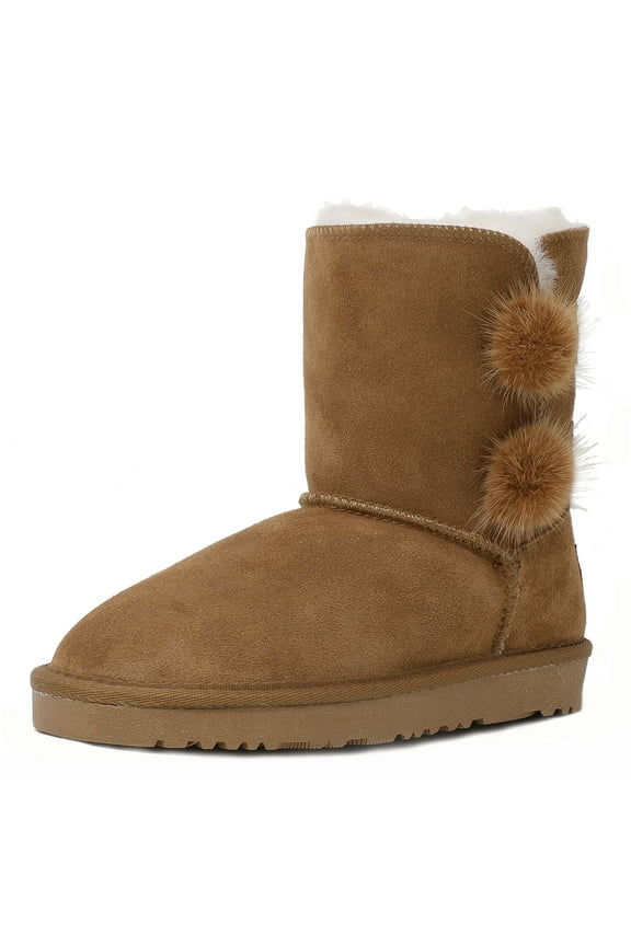 NEW Kids/Girls Classic Mid Snow Boots Winter Flat Shoes Faux Fur SHORTY-POMPOM CHESNUT Size 11
