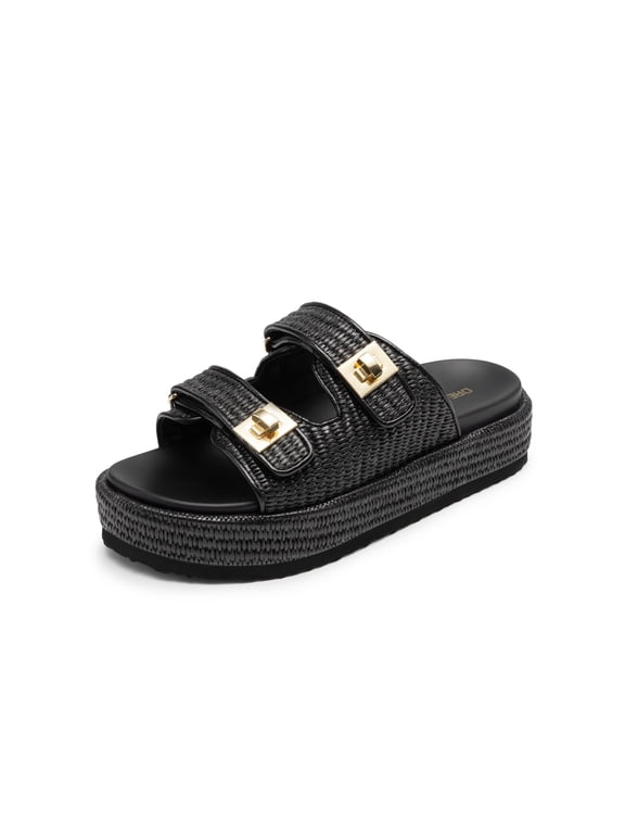 Platform Sandals Women Raffia Espadrilles Summer Comfortable Wedge Sandals Beach Vacation Adjustable Buckle Cute Slide Sandals