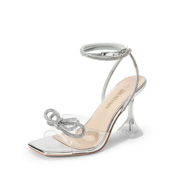 DREAM PAIRS Stiletto Bow Heels for Women Strappy Sparkly Rhinestone Square Toe Clear Crystal High Sandals for Party Wedding