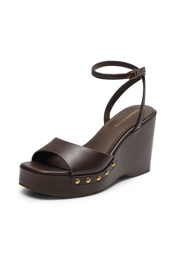 Wedge Sandals for Women,Dressy Platform Square-Toe Ankle Buckle Studded Fashion Sandals for Summer