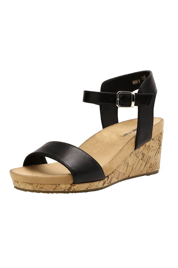 Women Ankle Strap Wedge Sandals Open Toe Sandals One Strap Platform Heel Sandals Shoes NINI-8 BLACK/PU Size 8.5
