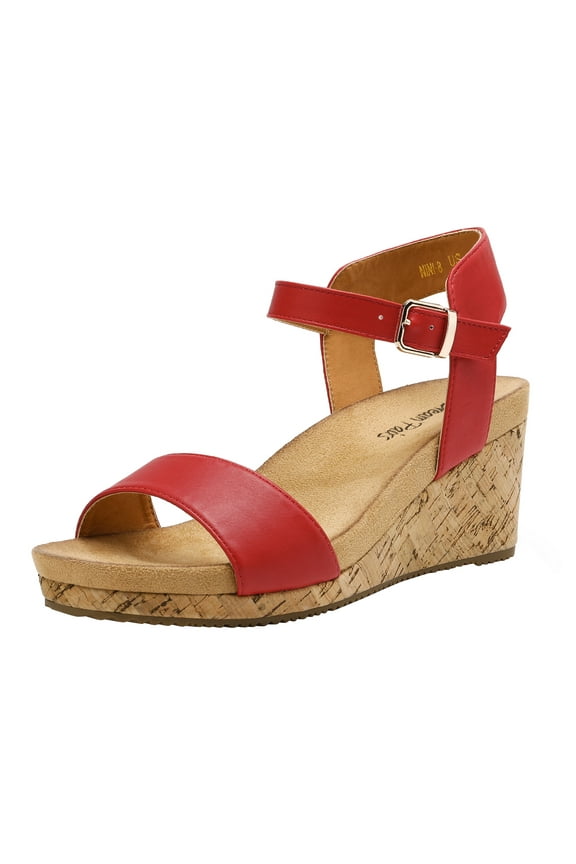 Women Ankle Strap Wedge Sandals Open Toe Sandals One Strap Platform Heel Sandals Shoes NINI-8 RED/PU Size 6.5