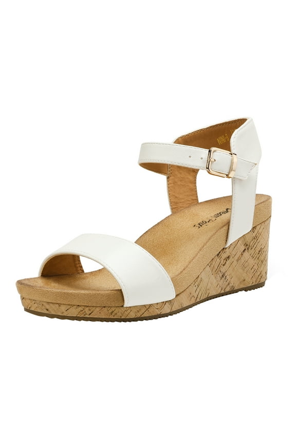 Women Ankle Strap Wedge Sandals Open Toe Sandals One Strap Platform Heel Sandals Shoes NINI-8 WHITE/PU Size 7.5