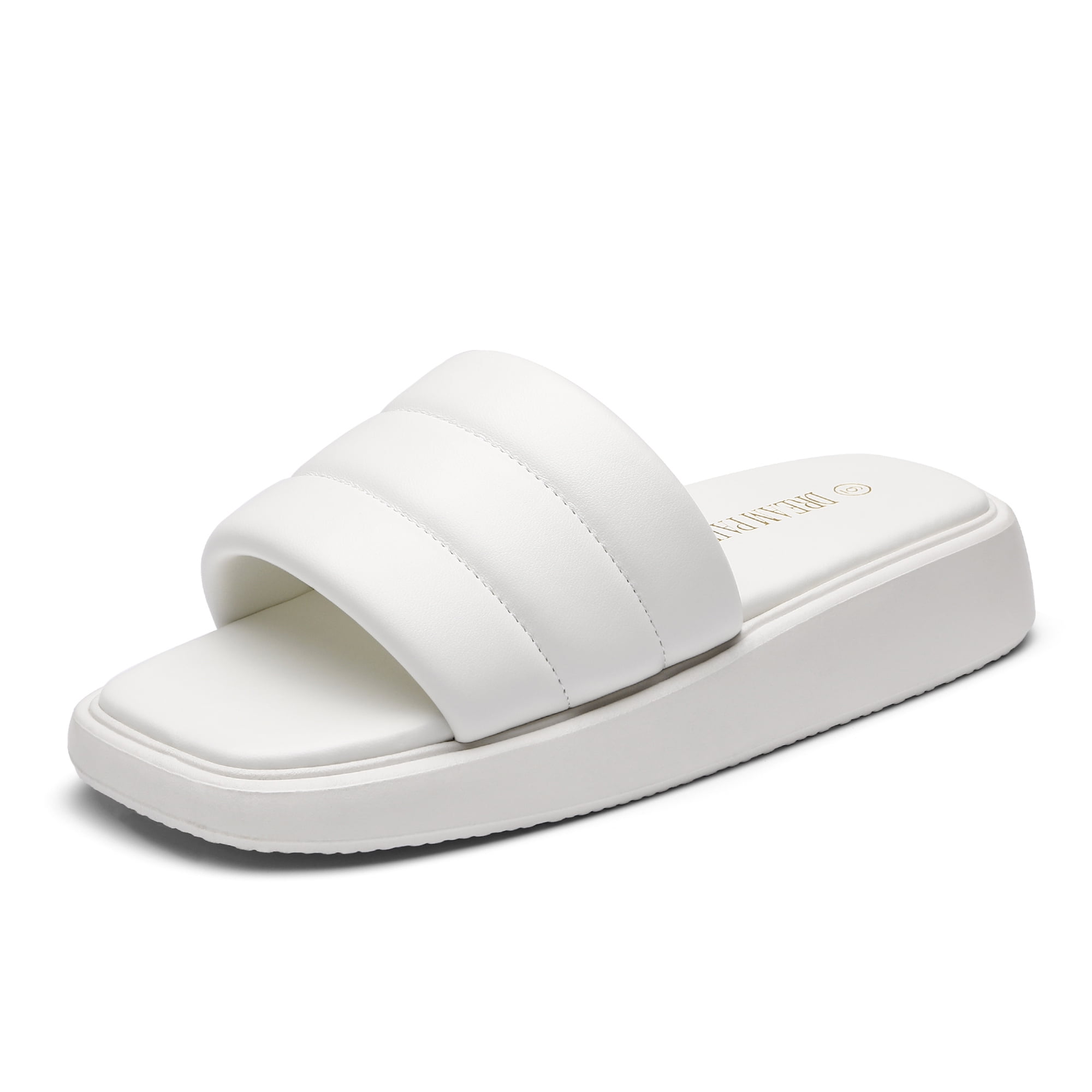 DREAM PAIRS Women'Square Open Toe Slides Platform Flat Quilted Slip on Sandals