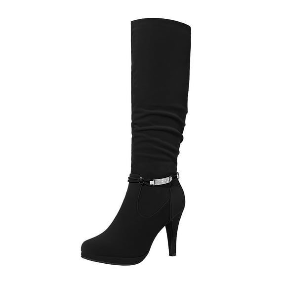 BURUDANI Women's Knee-High Stiletto Platform Pointed-Toe Boots