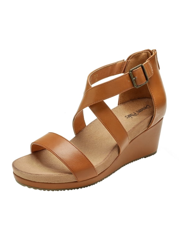 Women Wedge Sandals Fashion Ankle Strap Sandals Shoes Open Toe Platform Back Zipper Dress Shoes NINI-2 CAMEL/PU Size 9.5