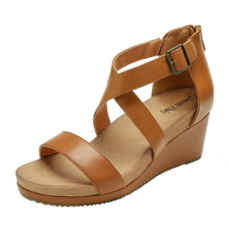 DREAM PAIRS Women Wedge Sandals Fashion Ankle Strap Sandals Shoes Open Toe Platform Back Zipper Dress Shoes NINI-2 CAMEL/PU Size 9
