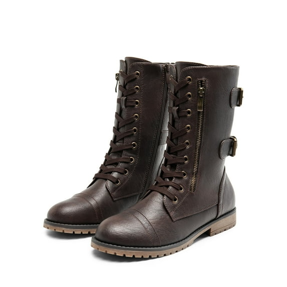 BURUDANI Women's Ankle Bootie Winter Lace up Mid Calf Military Combat Boots TERRAN BROWN Size 12