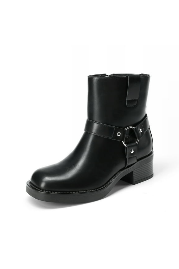 Women's Ankle Booties Low Heel Biker Motorcycle Boots with Buckle Strap