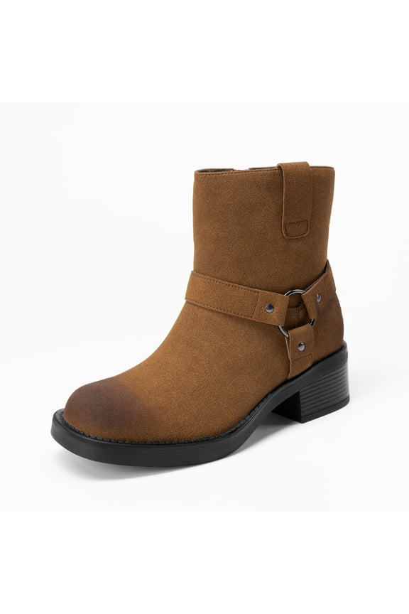 Women's Ankle Booties Low Heel Biker Motorcycle Boots with Buckle Strap