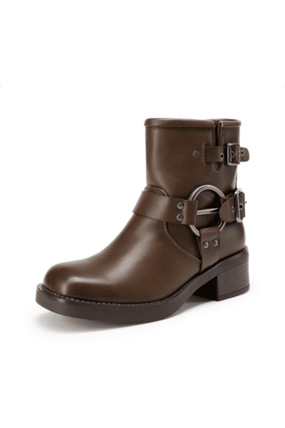 Women’s Ankle Boots Buckle Strap Square Toe Biker Booties Low Chunky Heel Motorcycle Riding Fall Fashion Shoes
