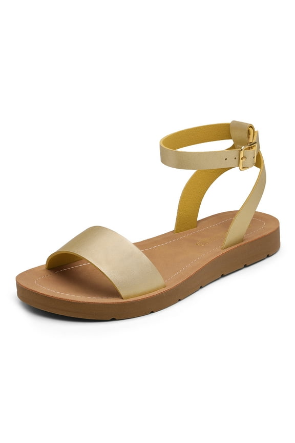 Women’s Ankle Strap Flat One Band Buckle Flat Sandals Gold/Pu Size 6