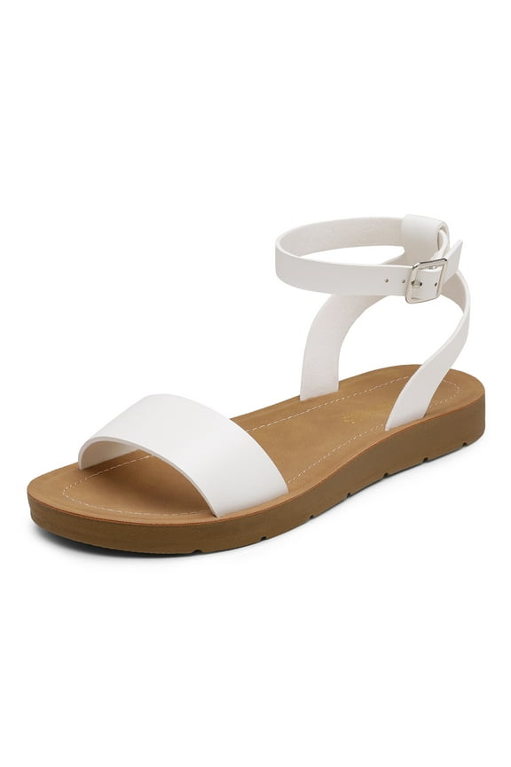 Women’s Ankle Strap Flat One Band Buckle Flat Sandals White/Pu Size 7