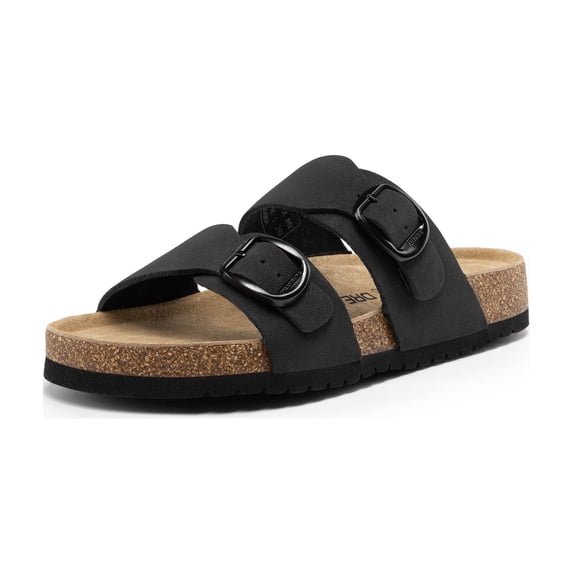 DREAM PAIRS Women’s Slide Sandals with Genuine Leather Footbed Adjustable Double Buckle Slip-On Flat Sandals with Arch Support