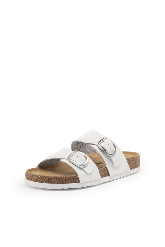 Women’s Slide Sandals with Genuine Leather Footbed Adjustable Double Buckle Slip-On Flat Sandals with Arch Support