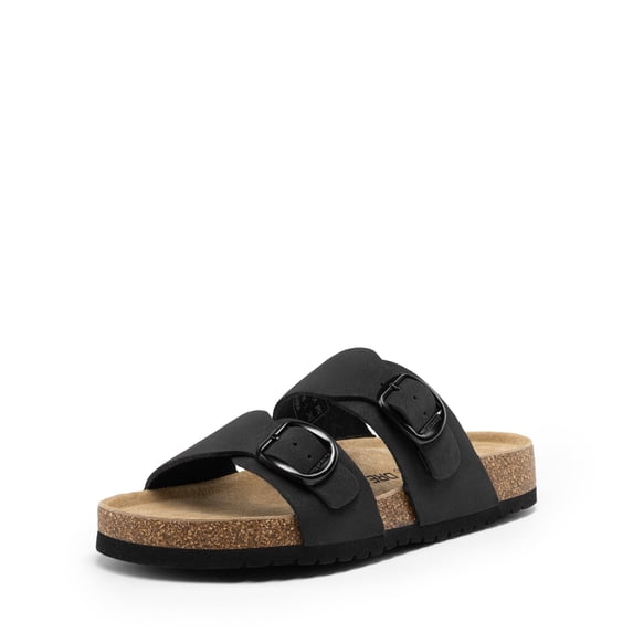 DREAM PAIRS Women’s Slide Sandals with Genuine Leather Footbed Adjustable Double Buckle Slip-On Flat Sandals with Arch Support