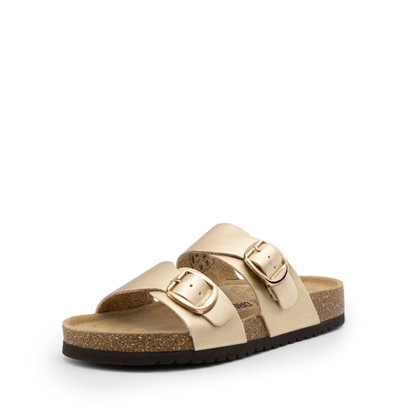 DREAM PAIRS Women’s Slide Sandals with Genuine Leather Footbed Adjustable Double Buckle Slip-On Flat Sandals with Arch Support