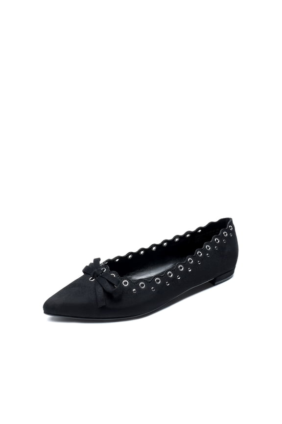 Women's Ballet Flats with Bow & Scalloped Detail - Soft Micro Suede Pointed Toe Shoes for Casual & Formal Wear