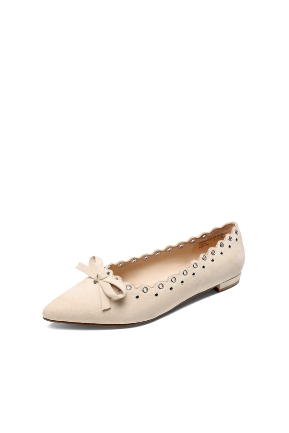Women's Ballet Flats with Bow & Scalloped Detail - Soft Micro Suede Pointed Toe Shoes for Casual & Formal Wear