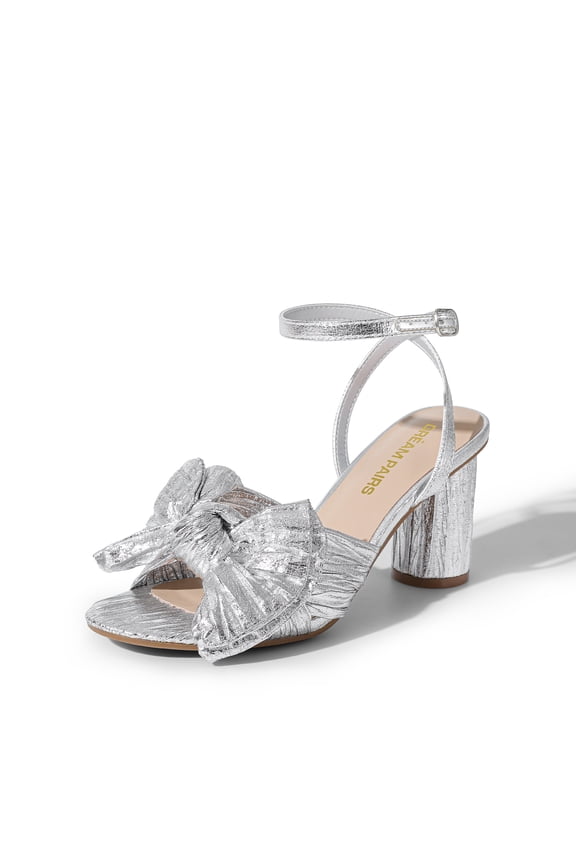 Women's Bow Knot Heeled Sandals Low Chunky Heels Open Toe Ankle Strap Slingback Dress Shoes for Wedding Bridal Party