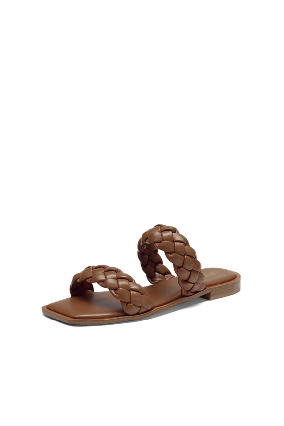 Women's Braided Sandals Slip on Slides Two Straps Square Toe Dressy for Summer