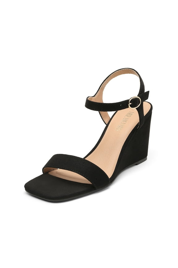 Women’s Casual Dressy Wedge Sandals Cute Square Toe and Buckle Ankle Strappy Slingback Wedding Shoes SDPW224W BLACK/SUEDE Size 7.5