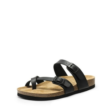 DREAM PAIRS Women's Casual Slide Sandals Cork Footbed with Adjustable Straps and Arch Support Flats Black Size 7