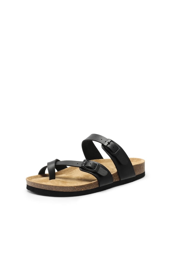 Women's Casual Slide Sandals Cork Footbed with Adjustable Straps and Arch Support Flats Black Size 7