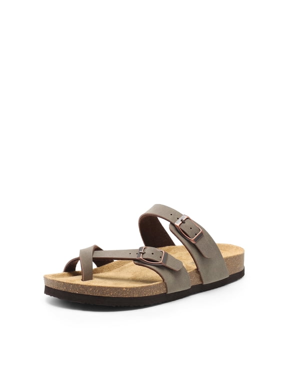Women's Casual Slide Sandals Cork Footbed with Adjustable Straps and Arch Support Flats Brown Size 8