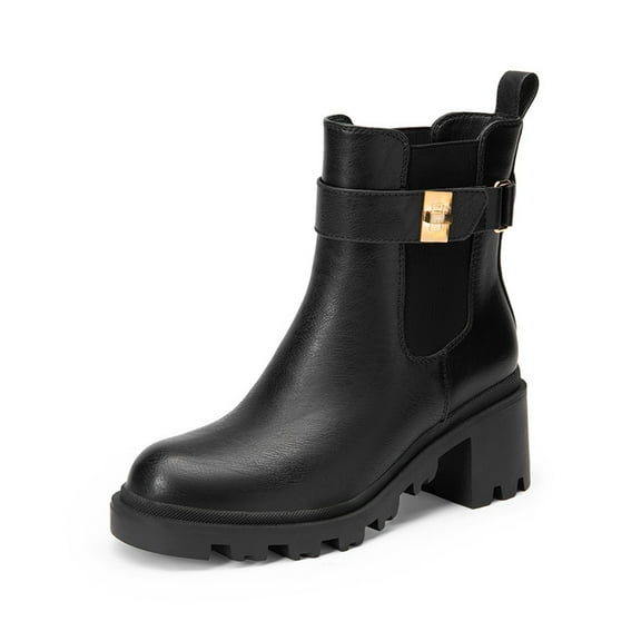 DREAM PAIRS Women's Chunky Heel Ankle Boots, Slip-On Chelsea Boots with Buckle Strap and Lug Sole