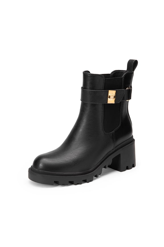 Women's Chunky Heel Ankle Boots, Slip-On Chelsea Boots with Buckle Strap and Lug Sole