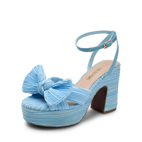 DREAM PAIRS Women's Chunky Platform Heels Sandals Pleated Bow Knot Ankle Buckle Strap Heeled Sandals Open Toe Comfortable Wedding Party Dress Shoes