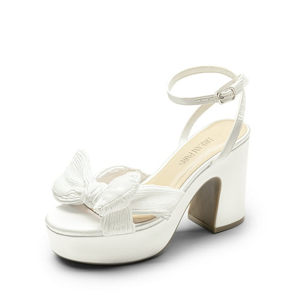 DREAM PAIRS Women's Chunky Platform Heels Sandals Pleated Bow Knot Ankle Buckle Strap Heeled Sandals Open Toe Comfortable Wedding Party Dress Shoes