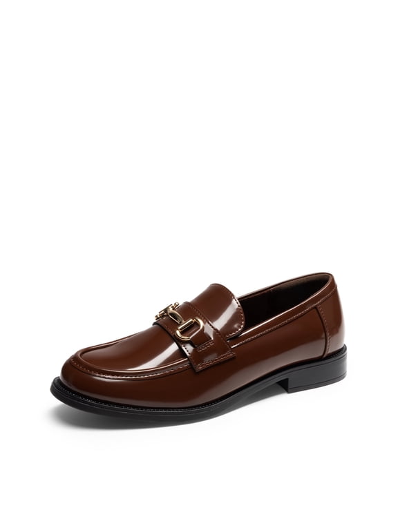 Women's Classic Loafers Shiny Patent Leather Slip-On Shoes with Horsebit Detail Comfortable Round Toe Dress Shoes