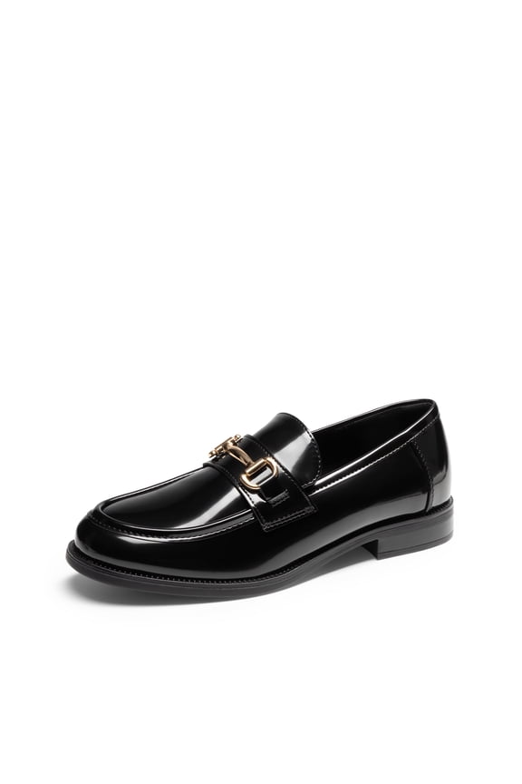 Women's Classic Loafers Shiny Patent Leather Slip-On Shoes with Horsebit Detail Comfortable Round Toe Dress Shoes