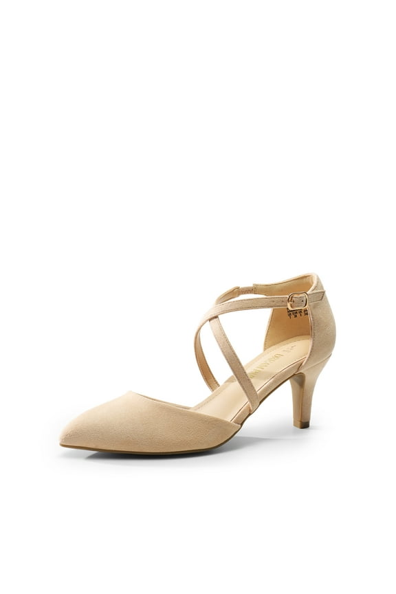 Women's Closed Pointed Toe Dress Pumps Comfort Kitten Mid Heels Cross Strap Wedding Party Dance Shoes