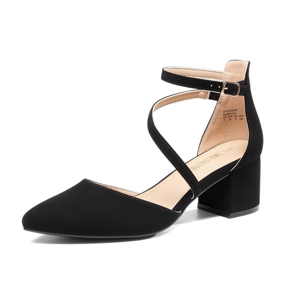 BURUDANI Women's Closed Pointed Toe Low Chunky Heels Pumps Ankle Strap Wedding Business Dressy Shoes