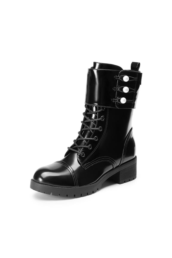 Women's Combat Boots, Lace-Up Boots with Pearl Button Strap and Chunky Heel
