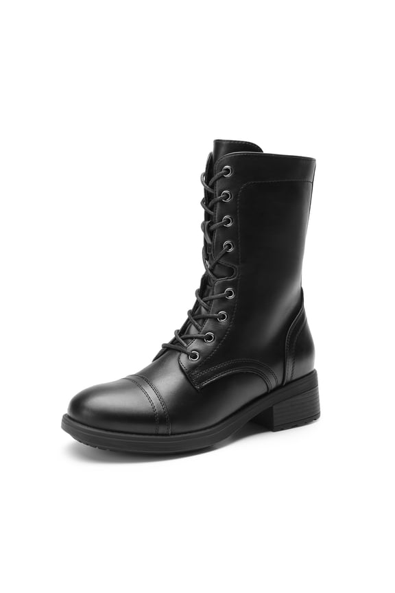 Women's Combat Boots Lace-up Mid Calf Military Riding Boots with Chunky Heel