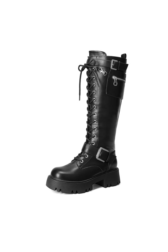 Women's Combat Riding Platform Knee High Boots, Lace Up Fall Lug Sole Gothic Motorcycle Boots with Inside Zipper