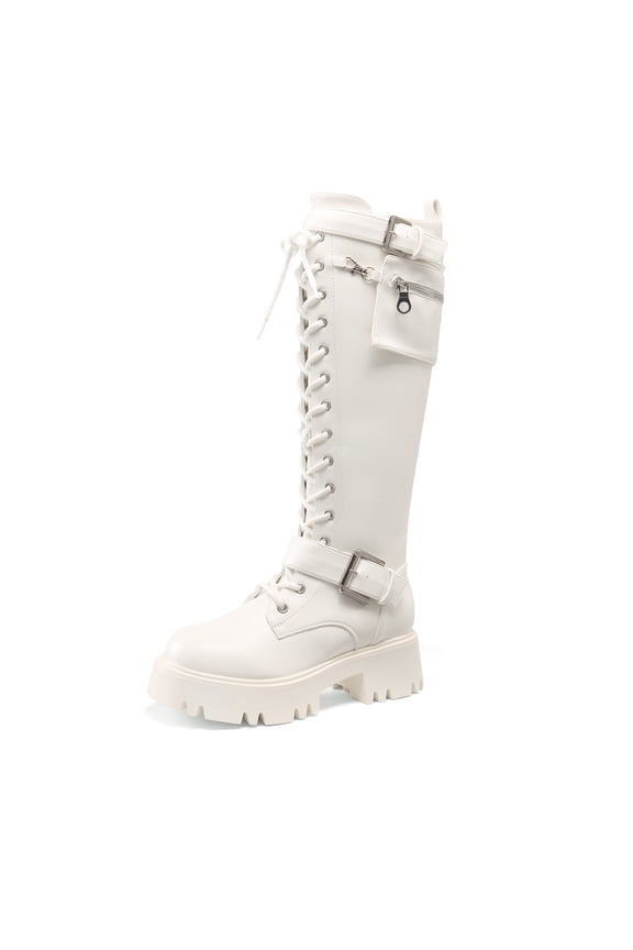 Women's Combat Riding Platform Knee High Boots, Lace Up Fall Lug Sole Gothic Motorcycle Boots with Inside Zipper