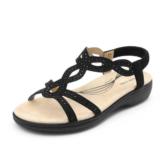 DREAM PAIRS Women's Comfort Dressy Rhinestone Summer Beach Sandals Slip-on Flat Walking Orthopedic Sandals with Elastica Back Strap