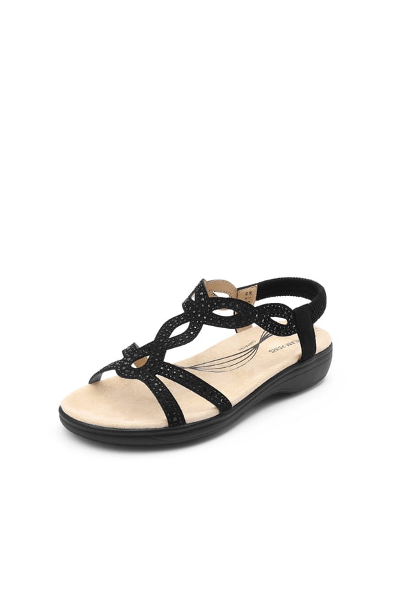 Women's Comfort Dressy Rhinestone Summer Beach Sandals Slip-on Flat Walking Orthopedic Sandals with Elastica Back Strap