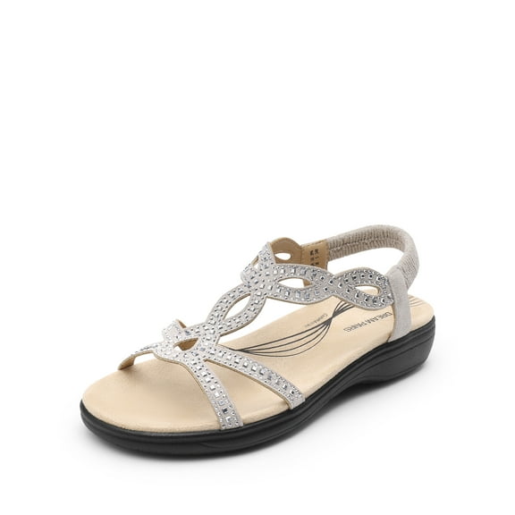 DREAM PAIRS Women's Comfort Dressy Rhinestone Summer Beach Sandals Slip-on Flat Walking Orthopedic Sandals with Elastica Back Strap