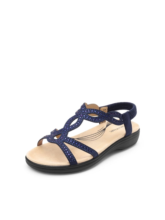 Women's Comfort Dressy Rhinestone Summer Beach Sandals Slip-on Flat Walking Orthopedic Sandals with Elastica Back Strap