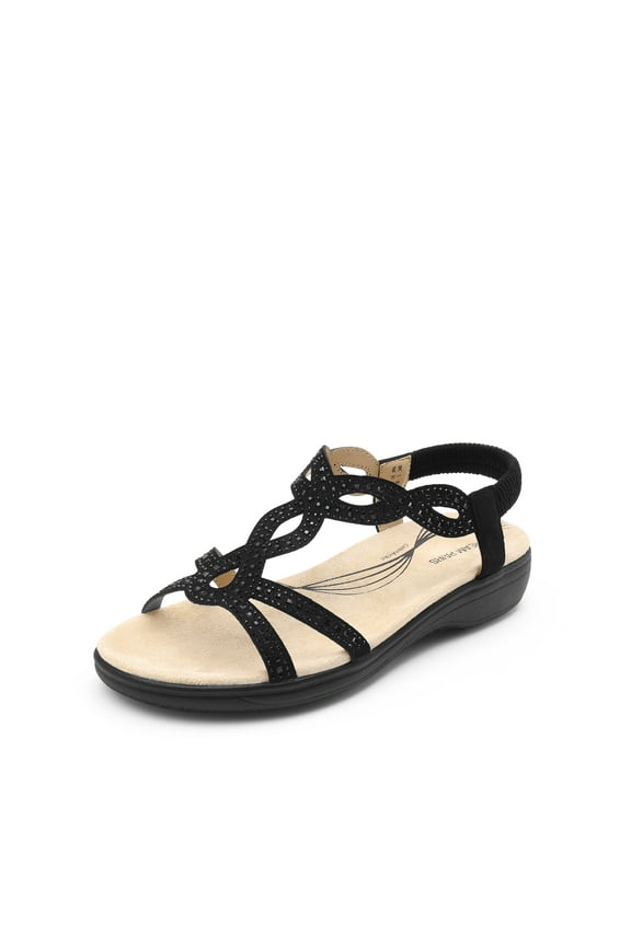 Women's Comfort Dressy Rhinestone Summer Beach Sandals Slip-on Flat Walking Orthopedic Sandals with Elastica Back Strap