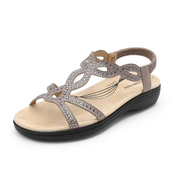 DREAM PAIRS Women's Comfort Dressy Rhinestone Summer Beach Sandals Slip-on Flat Walking Orthopedic Sandals with Elastica Back Strap